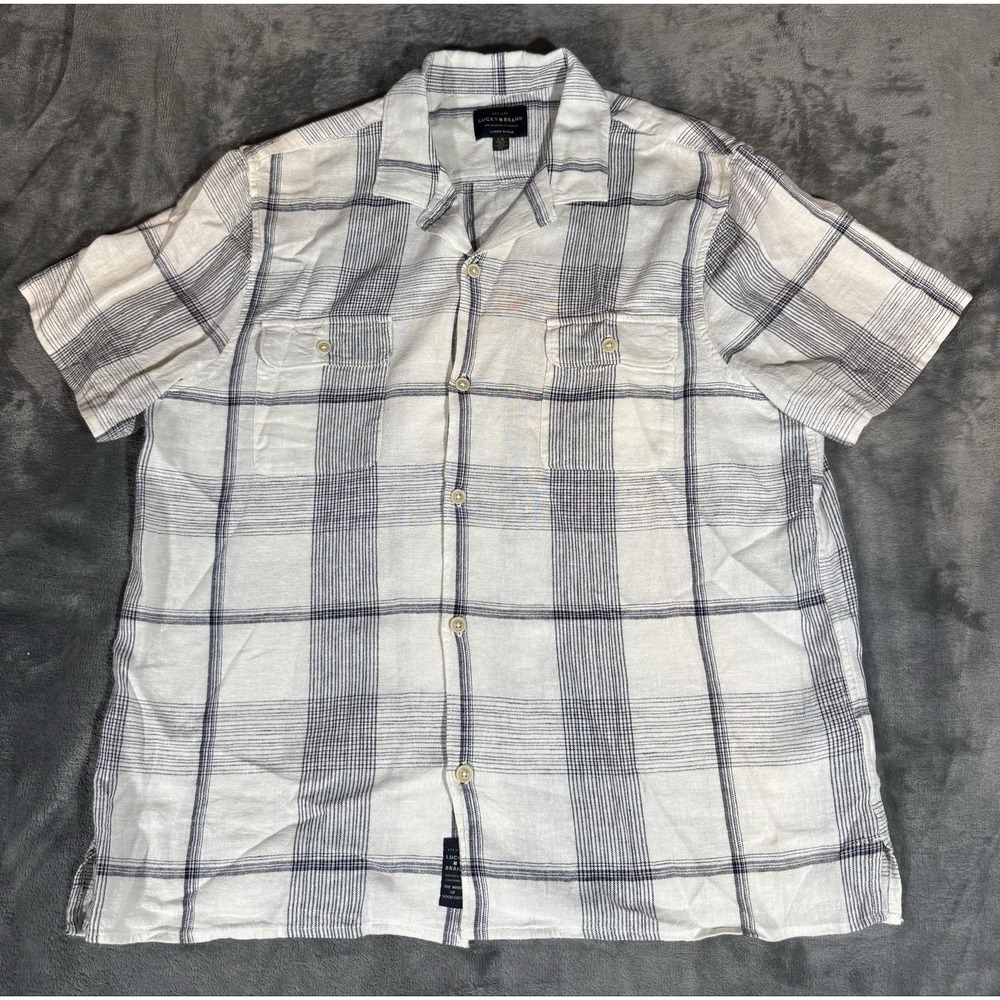 Lucky Brand Shirt‎ Mens Large White Short Sleeve Button Up Linen Blend Plaid